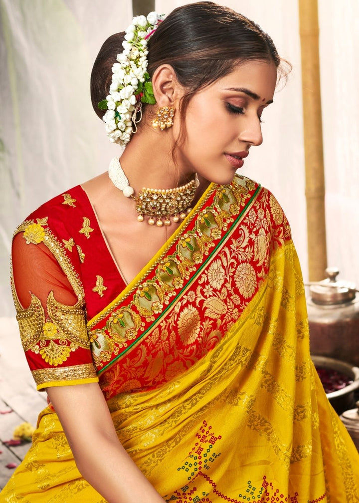 Butter Yellow and Red Banarasi Dola Silk Saree with Resham Embroidery, Zari and Sequence work