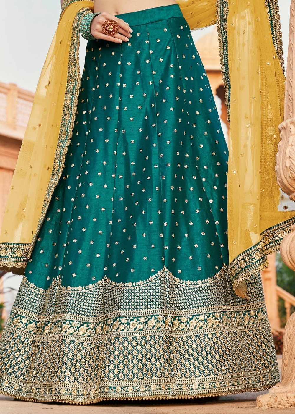 Peacock Green Handloom Silk Lehenga with Zari work & Embroidery
