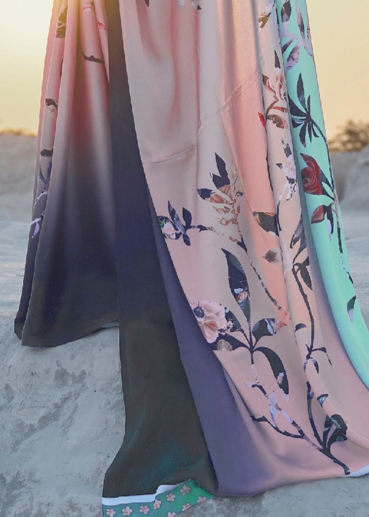 Arctic Blue and Pink Digital Printed Crepe Silk Saree