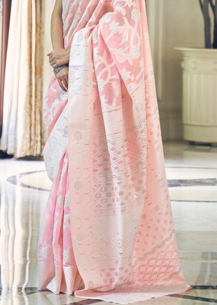 Baby Pink Lucknowi Chikankari Weaving Silk Saree