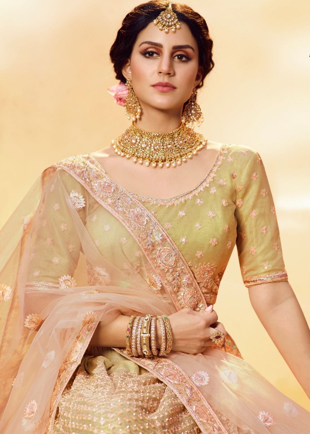 Golden Gota Silk and Soft Net Bridal Lehenga Choli with Resham Embroidery and Aari work