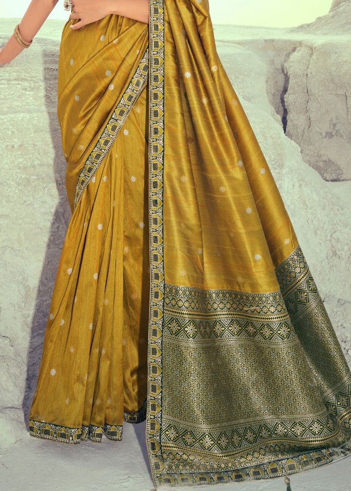 Mustard Yellow Woven Banarasi Silk Saree with Embroidered Border & Swarovski work