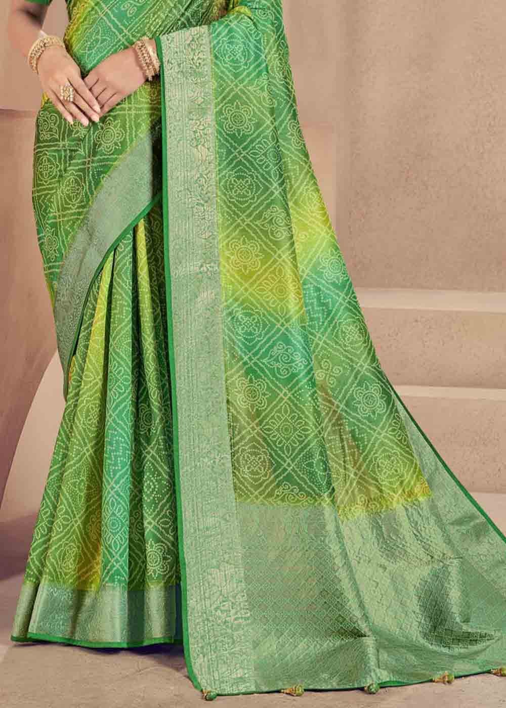 Shades Of Green Zari Woven Raw Silk Saree