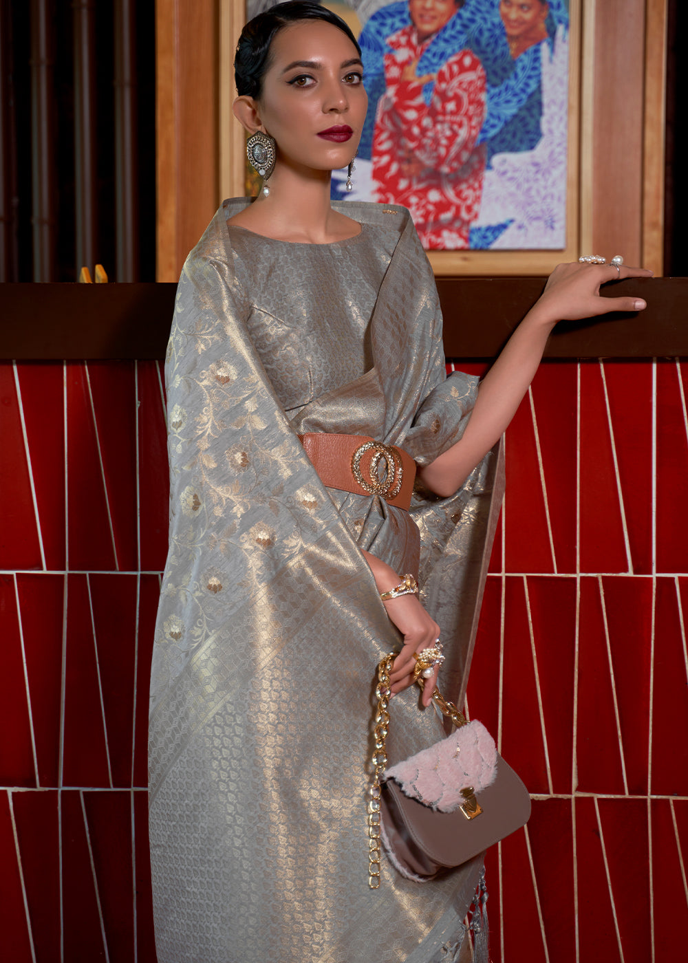Argent Grey Woven Tussar Silk Saree