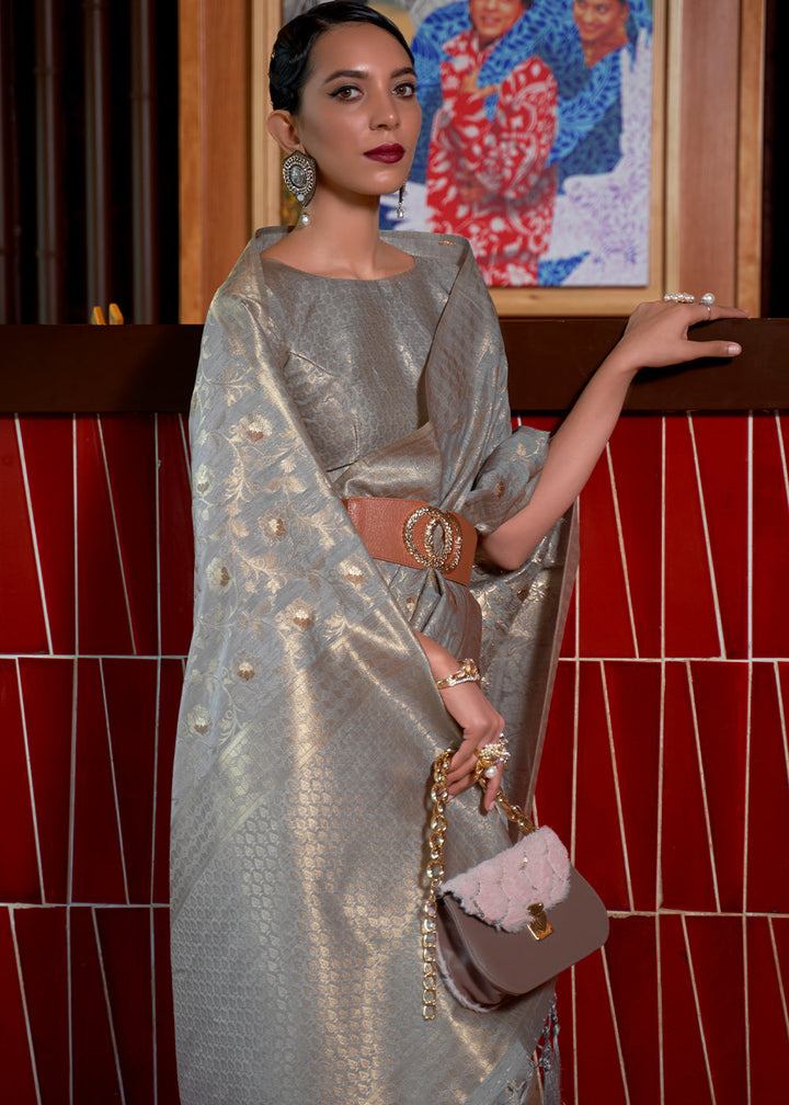 Argent Grey Woven Tussar Silk Saree : Top Pick