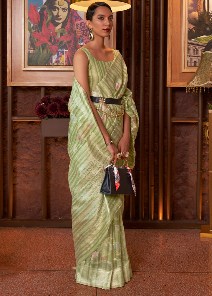 Shades Of Green Handloom Weaving Linen Silk Saree