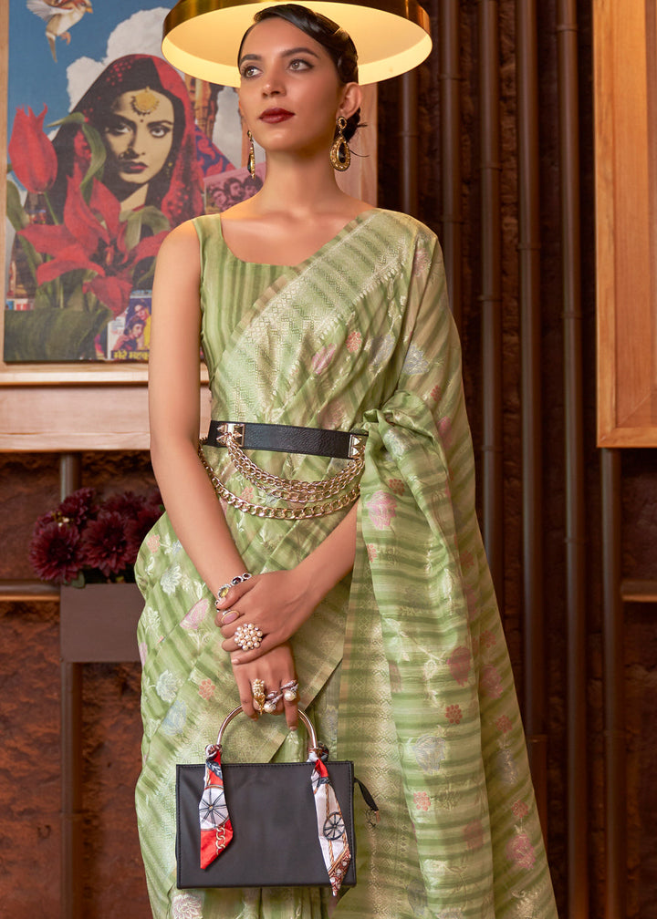 Shades Of Green Handloom Weaving Linen Silk Saree