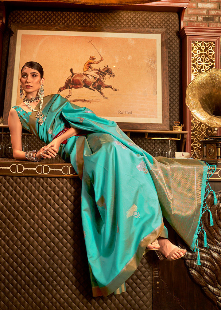 Teal Blue Copper Zari Woven Designer Silk Saree