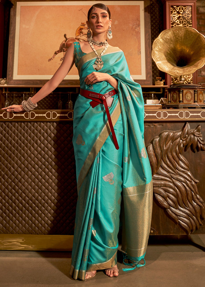 Teal Blue Copper Zari Woven Designer Silk Saree