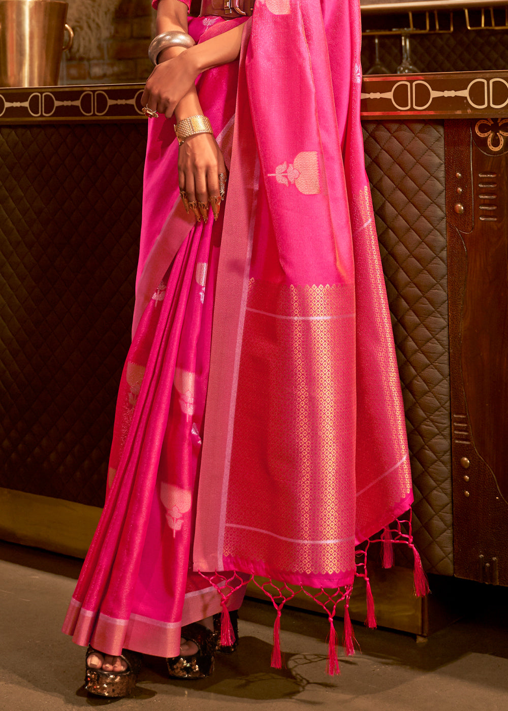 Hot Pink Copper Zari Woven Designer Silk Saree