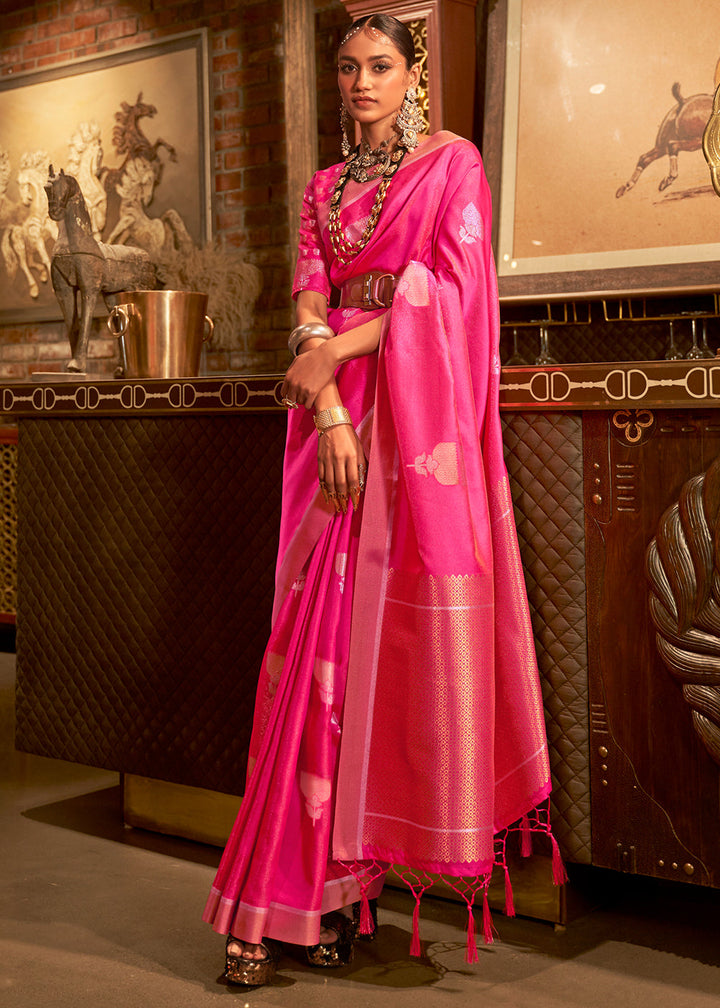 Hot Pink Copper Zari Woven Designer Silk Saree