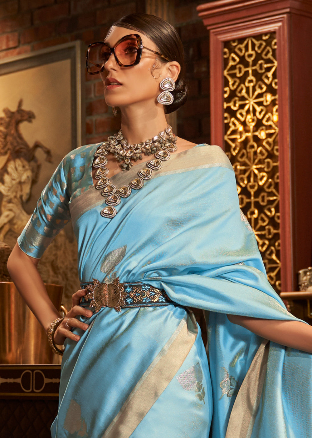 Cyan Blue Copper Zari Woven Designer Silk Saree