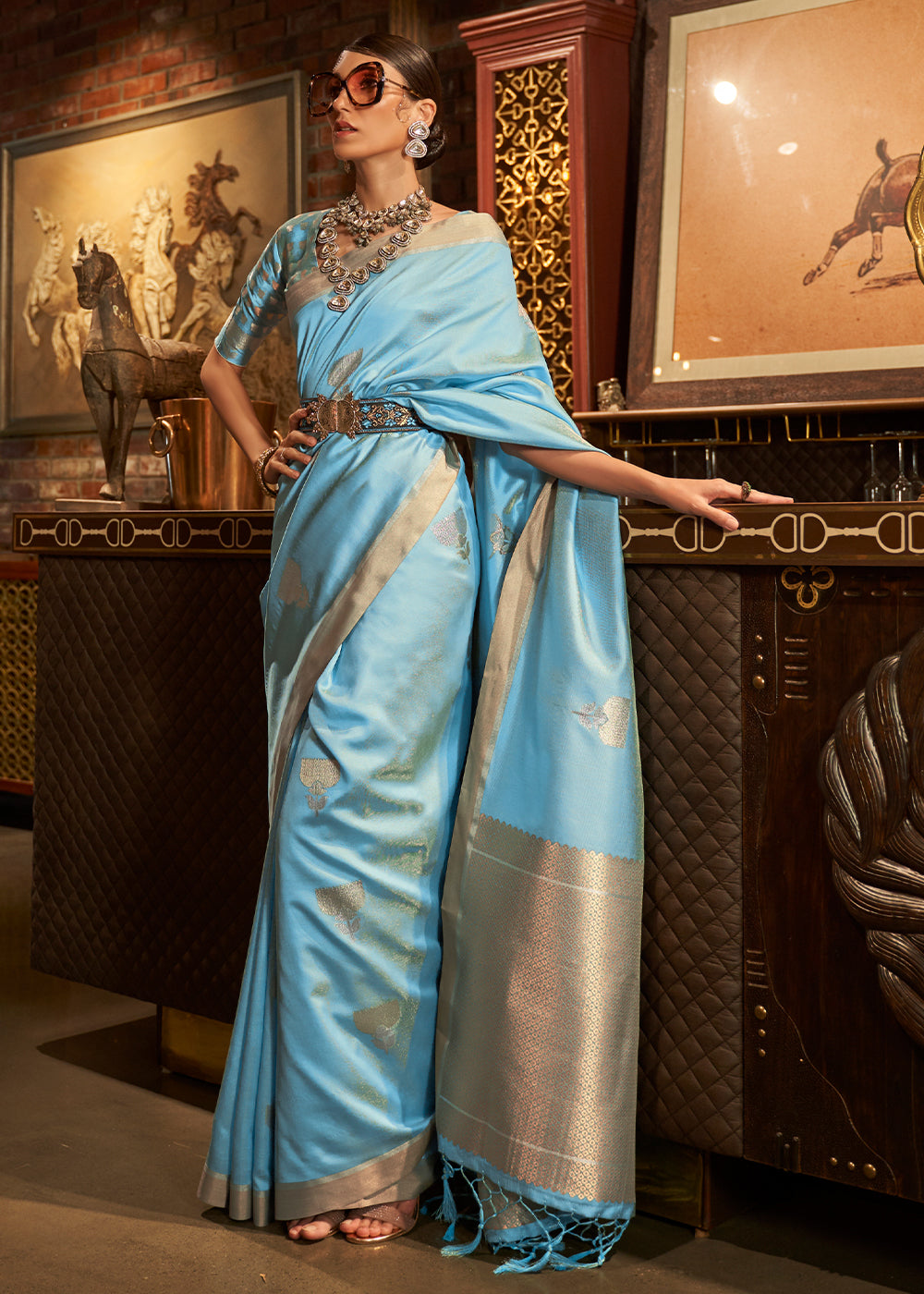Cyan Blue Copper Zari Woven Designer Silk Saree