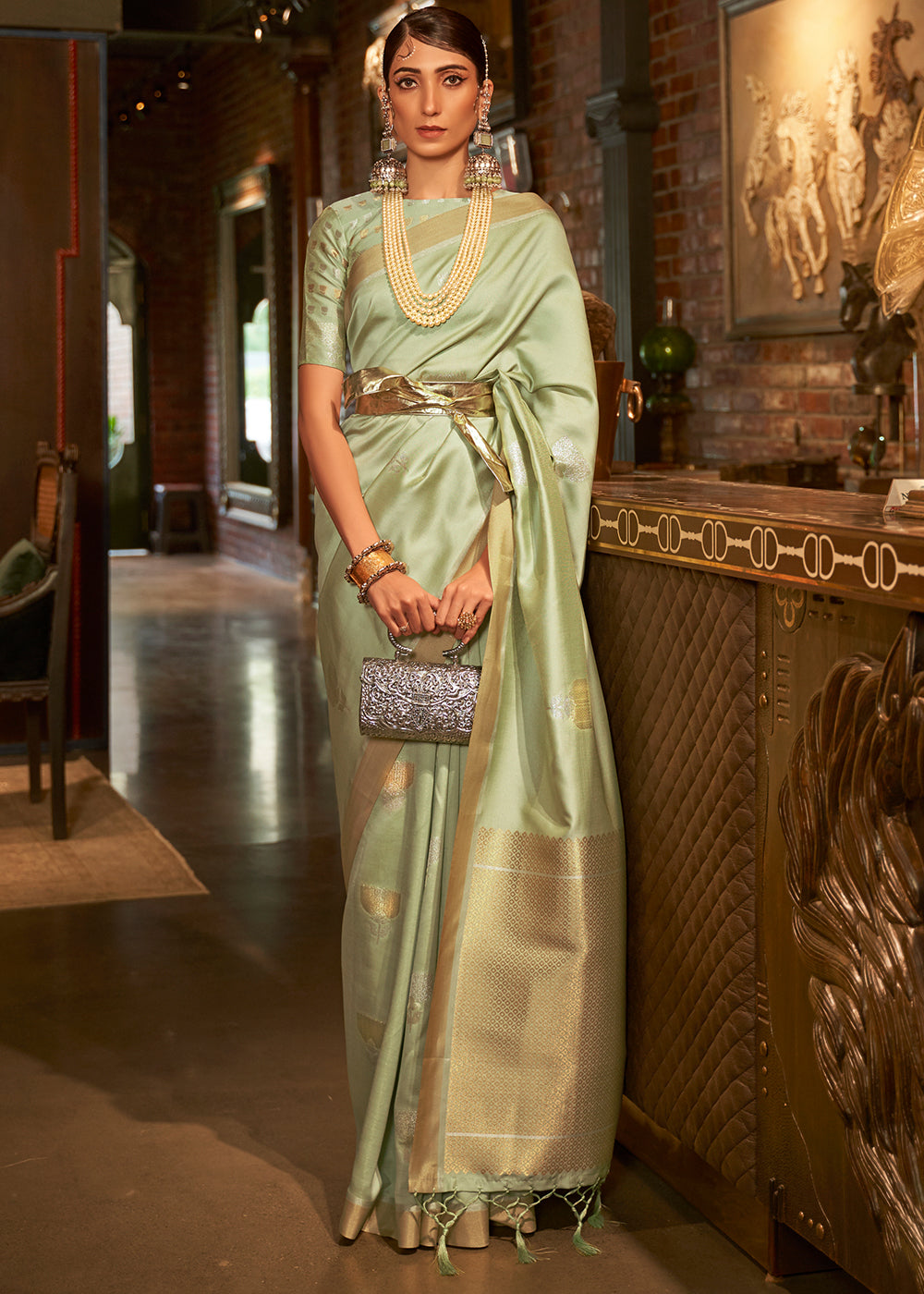 Light Green Copper Zari Woven Designer Silk Saree