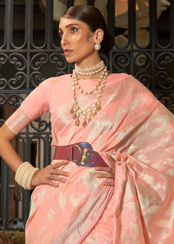 Coral Pink Handloom Woven Designer Silk Saree