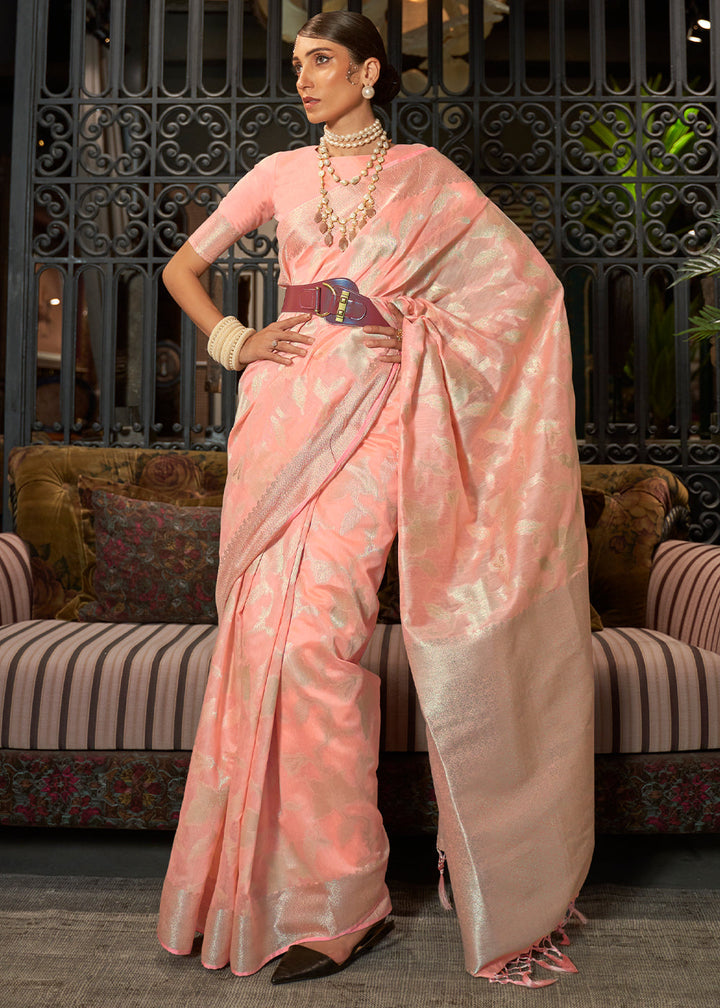 Coral Pink Handloom Woven Designer Silk Saree