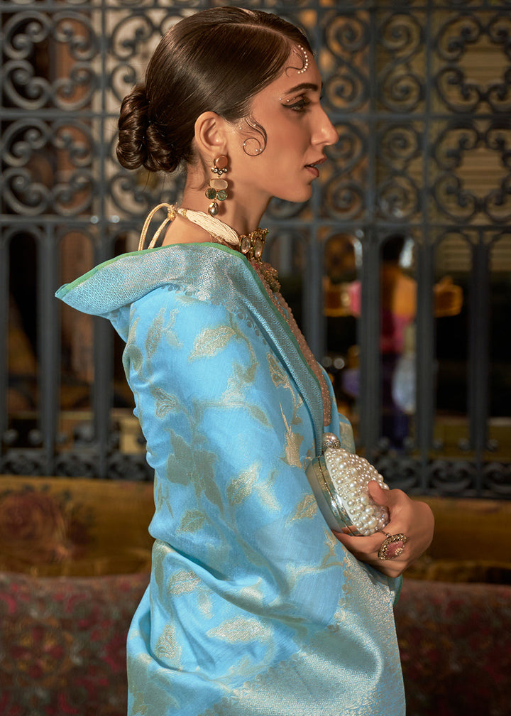 Capri Blue Handloom Woven Designer Silk Saree