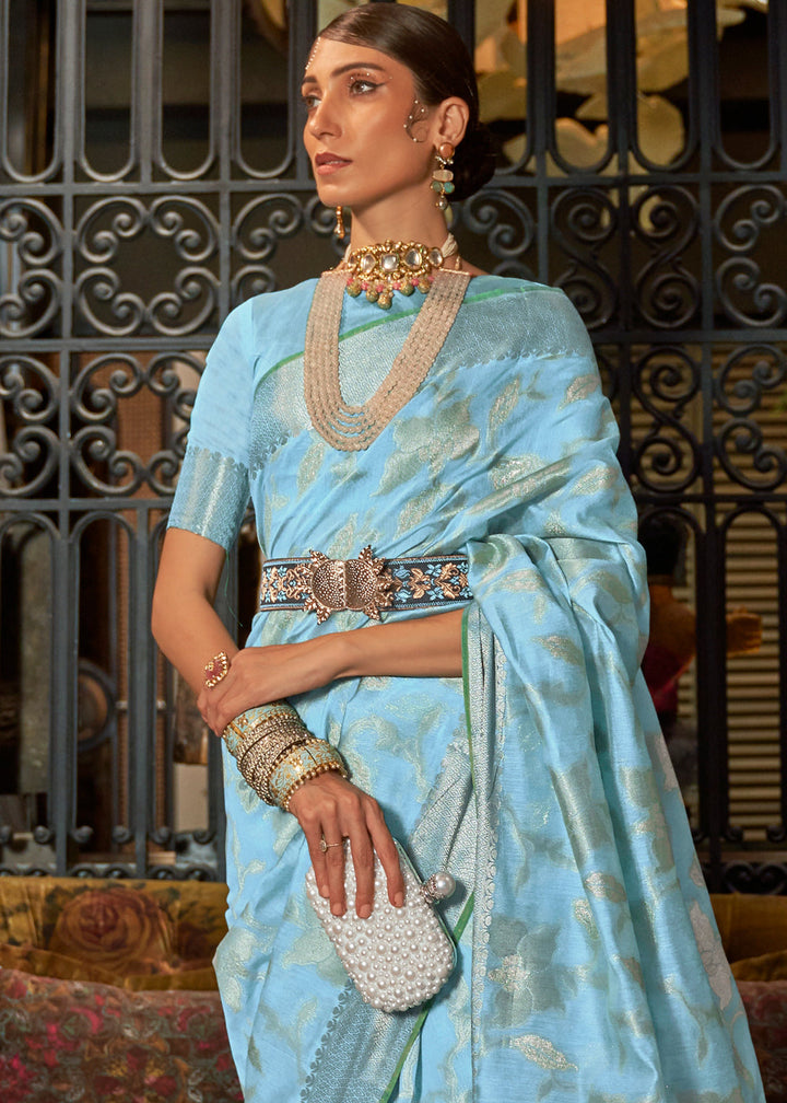 Capri Blue Handloom Woven Designer Silk Saree