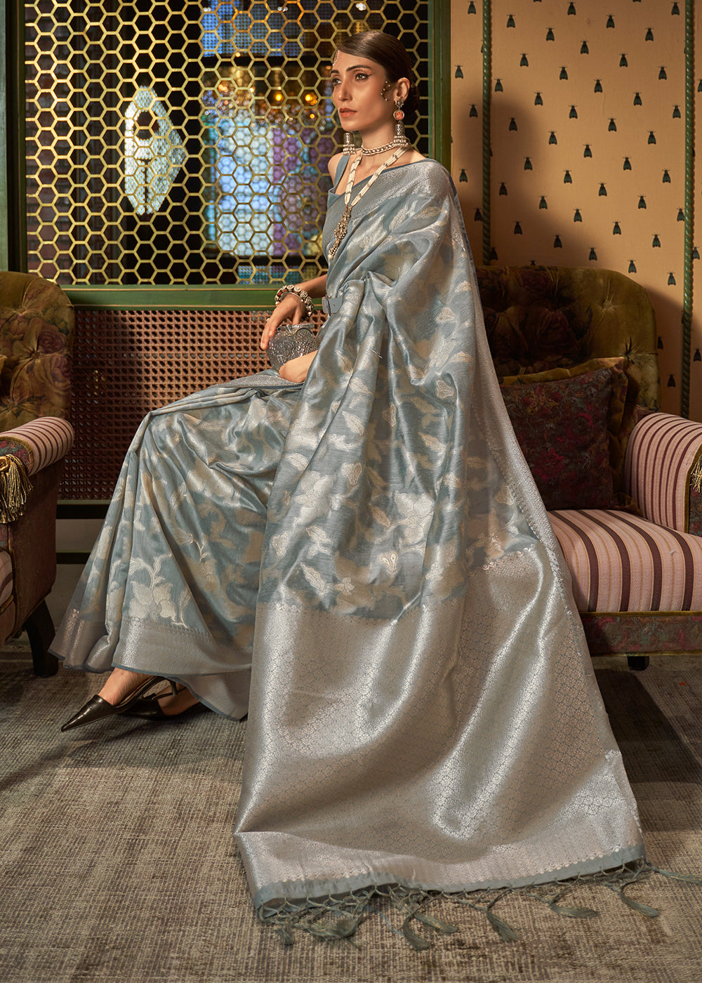 Steel Grey Handloom Woven Designer Silk Saree