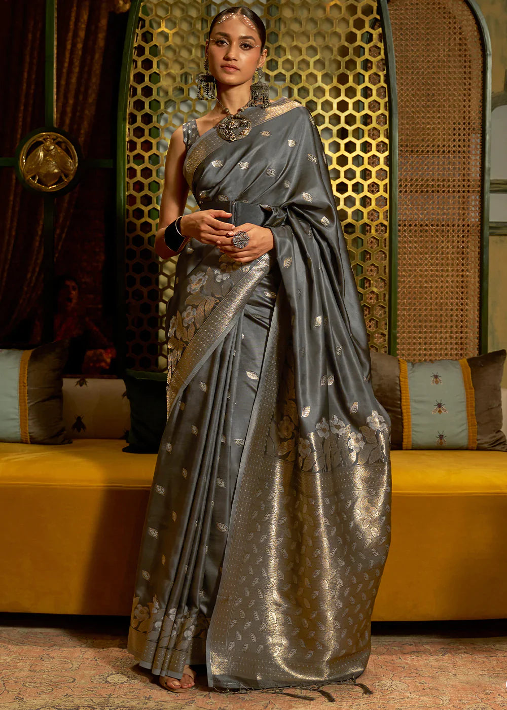 Charcoal Grey Zari Woven Satin Silk Saree