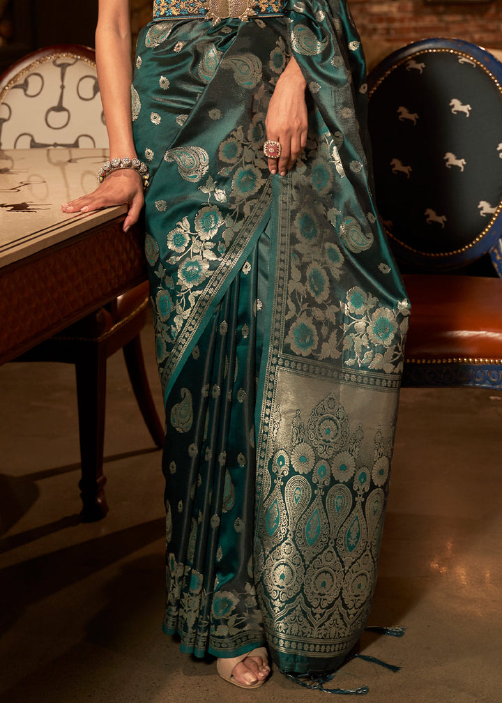Arabian Green Handloom Woven Satin Silk Saree