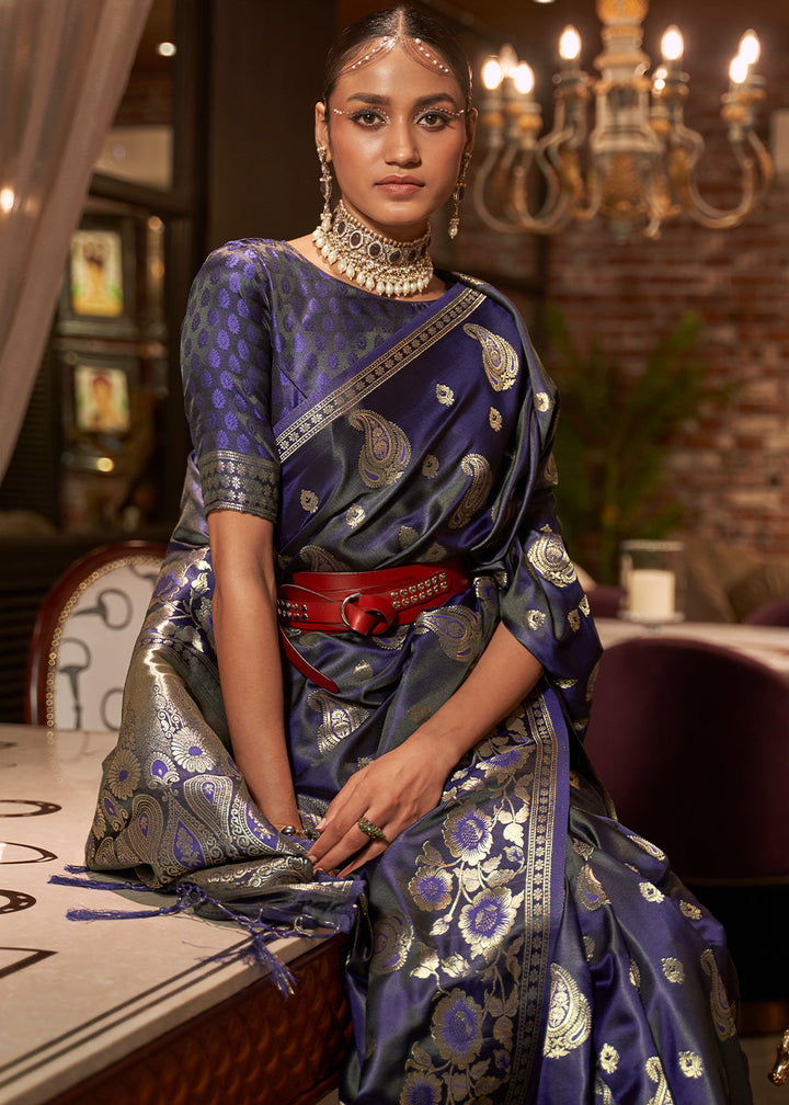 Indigo Blue Handloom Woven Satin Silk Saree