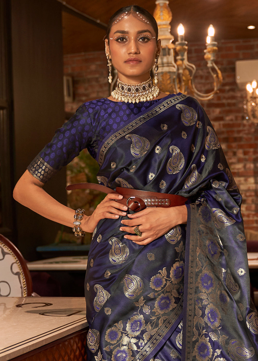 Indigo Blue Handloom Woven Satin Silk Saree