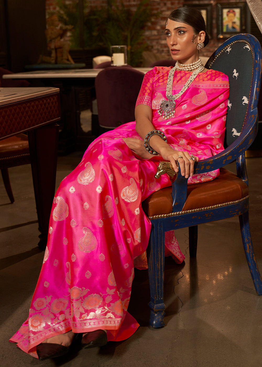 Fuscia Pink Handloom Woven Satin Silk Saree