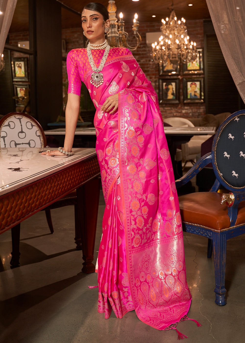Fuscia Pink Handloom Woven Satin Silk Saree