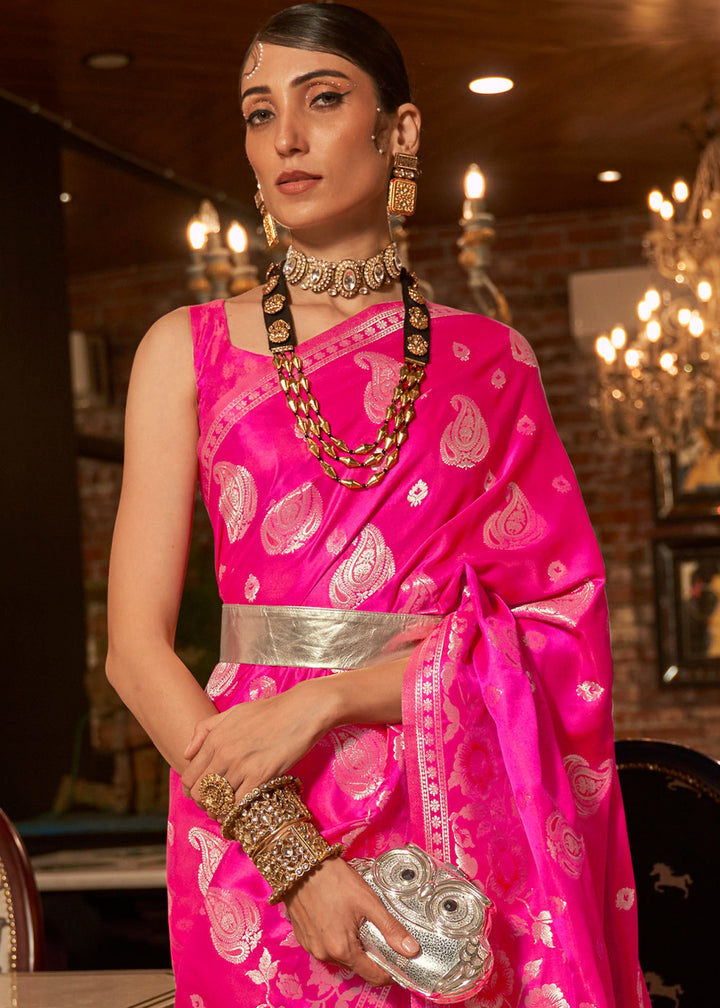 Hot Pink Handloom Woven Satin Silk Saree