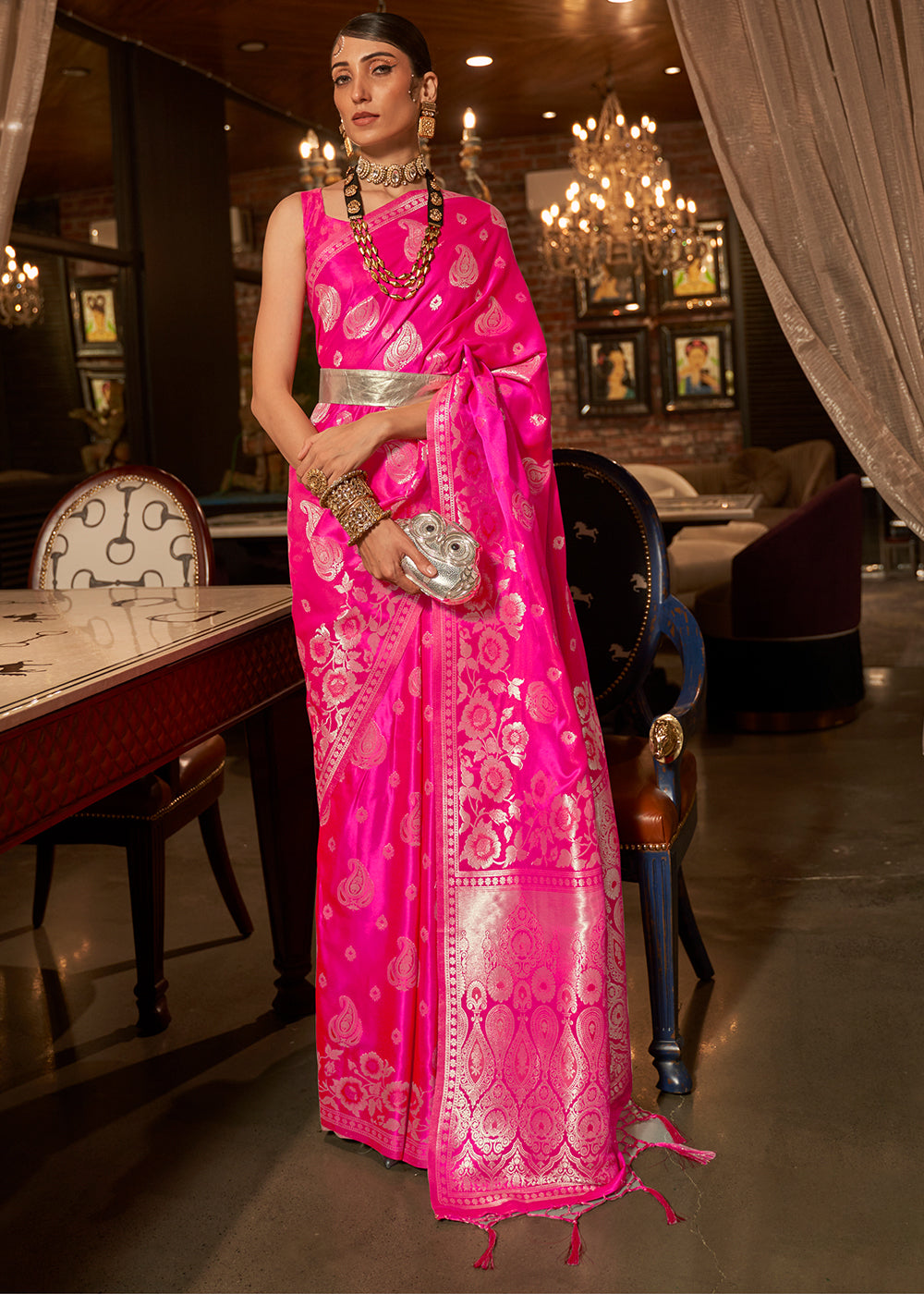 Hot Pink Handloom Woven Satin Silk Saree