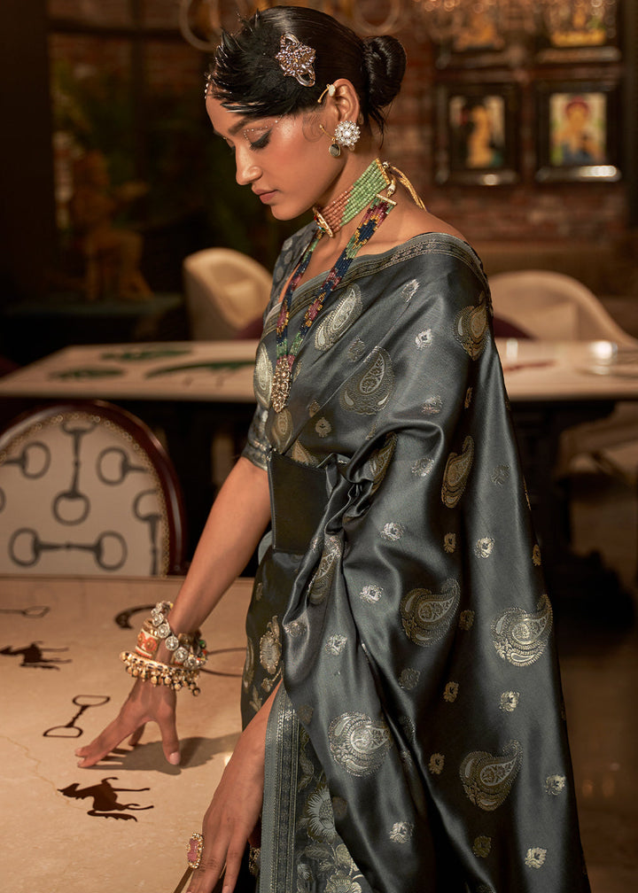 Charcoal Black Handloom Woven Satin Silk Saree