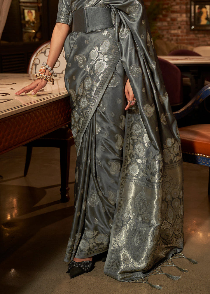 Charcoal Black Handloom Woven Satin Silk Saree