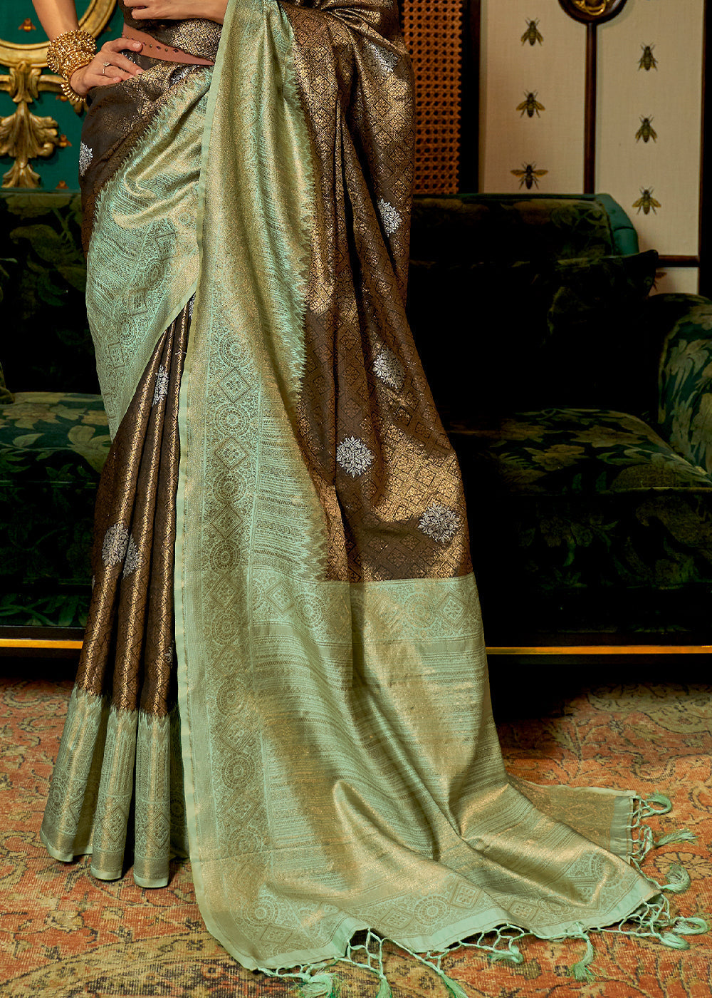 Green & Brown Zari Woven Silk Saree with Tassels on Pallu