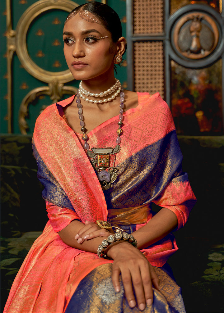 Blue & Pink Zari Woven Silk Saree with Tassels on Pallu