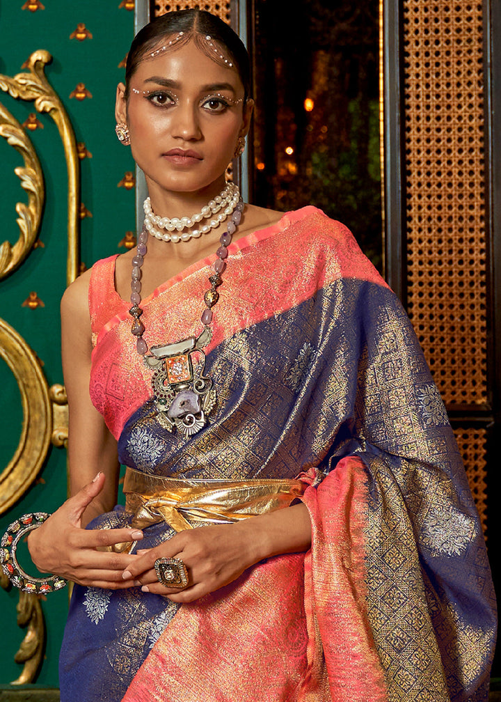 Blue & Pink Zari Woven Silk Saree with Tassels on Pallu
