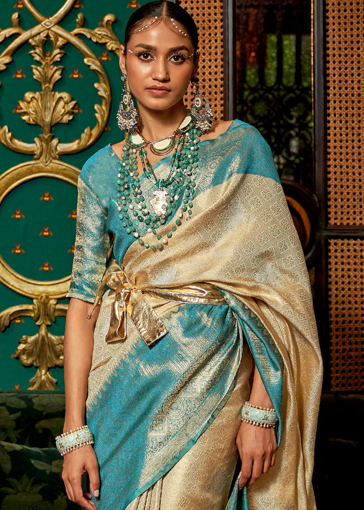 White & Blue Zari Woven Silk Saree with Tassels on Pallu