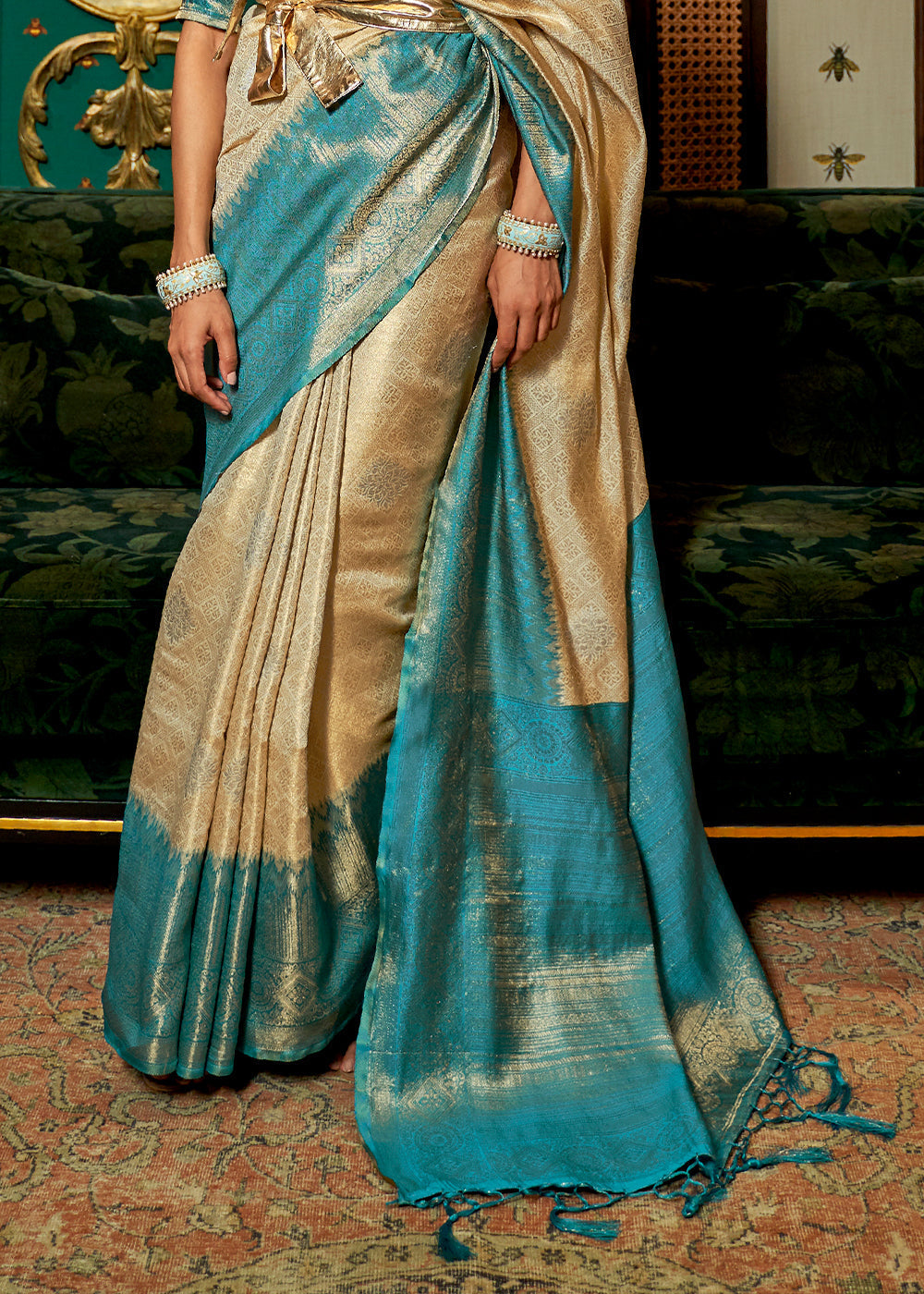 White & Blue Zari Woven Silk Saree with Tassels on Pallu