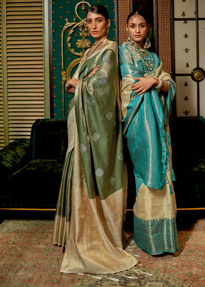 Green & Golden Zari Woven Silk Saree with Tassels on Pallu
