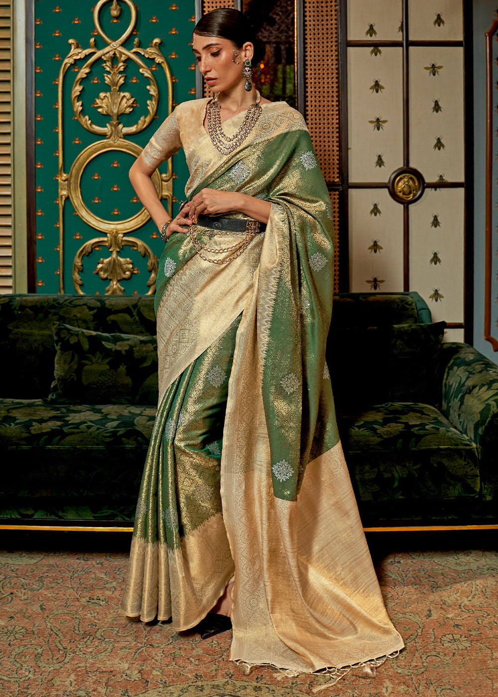 Green & Golden Zari Woven Silk Saree with Tassels on Pallu