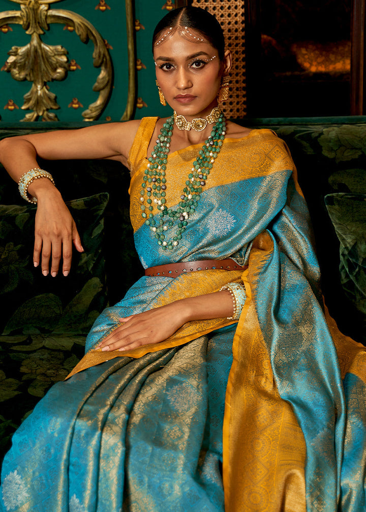 Yellow & Blue Zari Woven Silk Saree with Tassels on Pallu