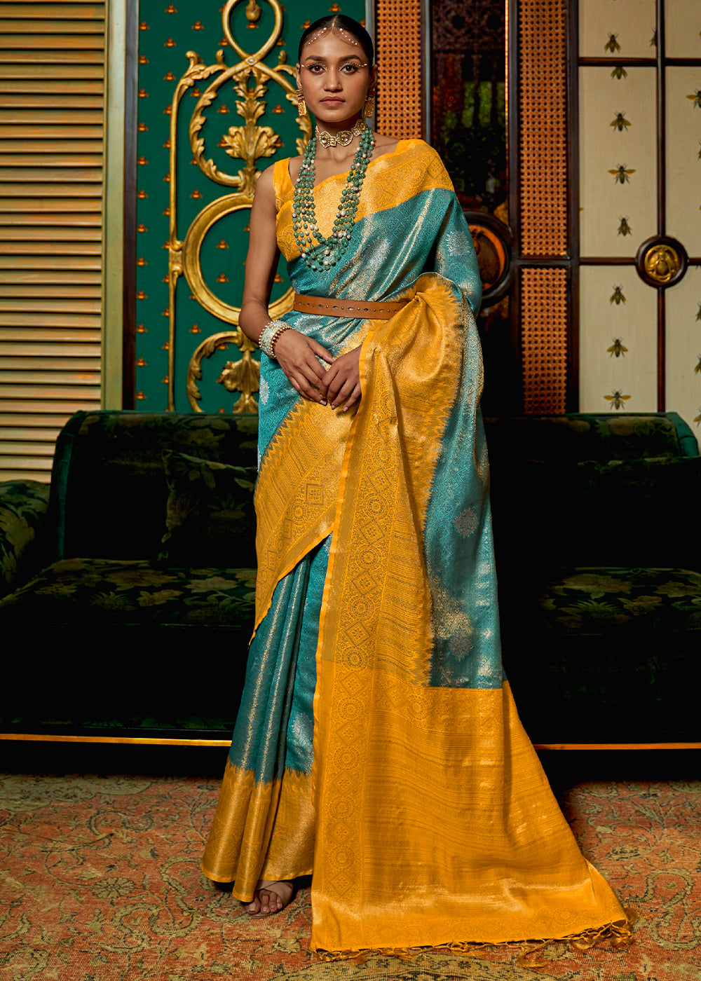 Yellow & Blue Zari Woven Silk Saree with Tassels on Pallu