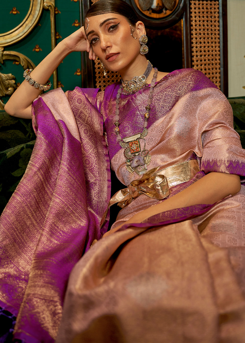 Shades Of Pink Zari Woven Silk Saree with Tassels on Pallu