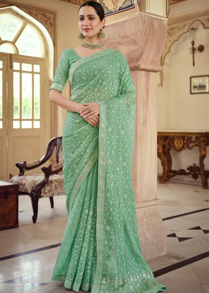 Chateau Green Designer Chiffon Saree with Gota & Resham work