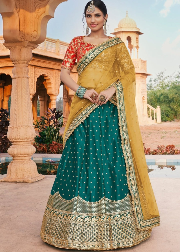 Peacock Green Handloom Silk Lehenga with Zari work & Embroidery