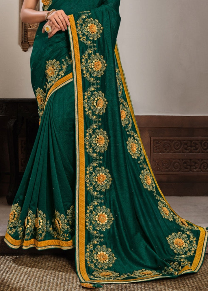 Deep Green Georgette Silk Saree with Resham, Zari & Cord Embroidery