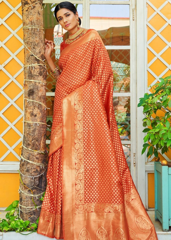 Yam Orange Woven Banarasi Brocade Silk Saree