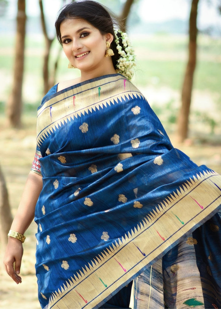 Azure Blue Paithani Tussar Silk Saree with Jacquard Weaving Butta overall