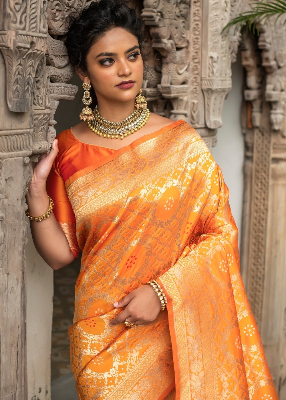Gold Orange Zari Woven Bandhani Banarasi Silk Saree