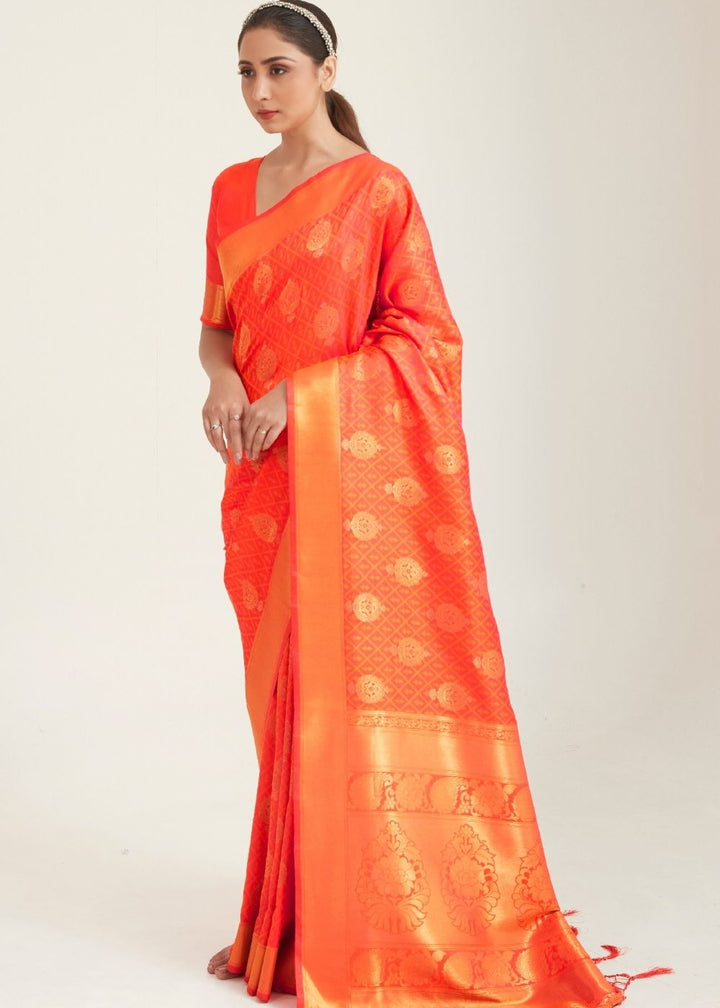 Fire Orange Zari Butta Woven Banasari Silk Saree